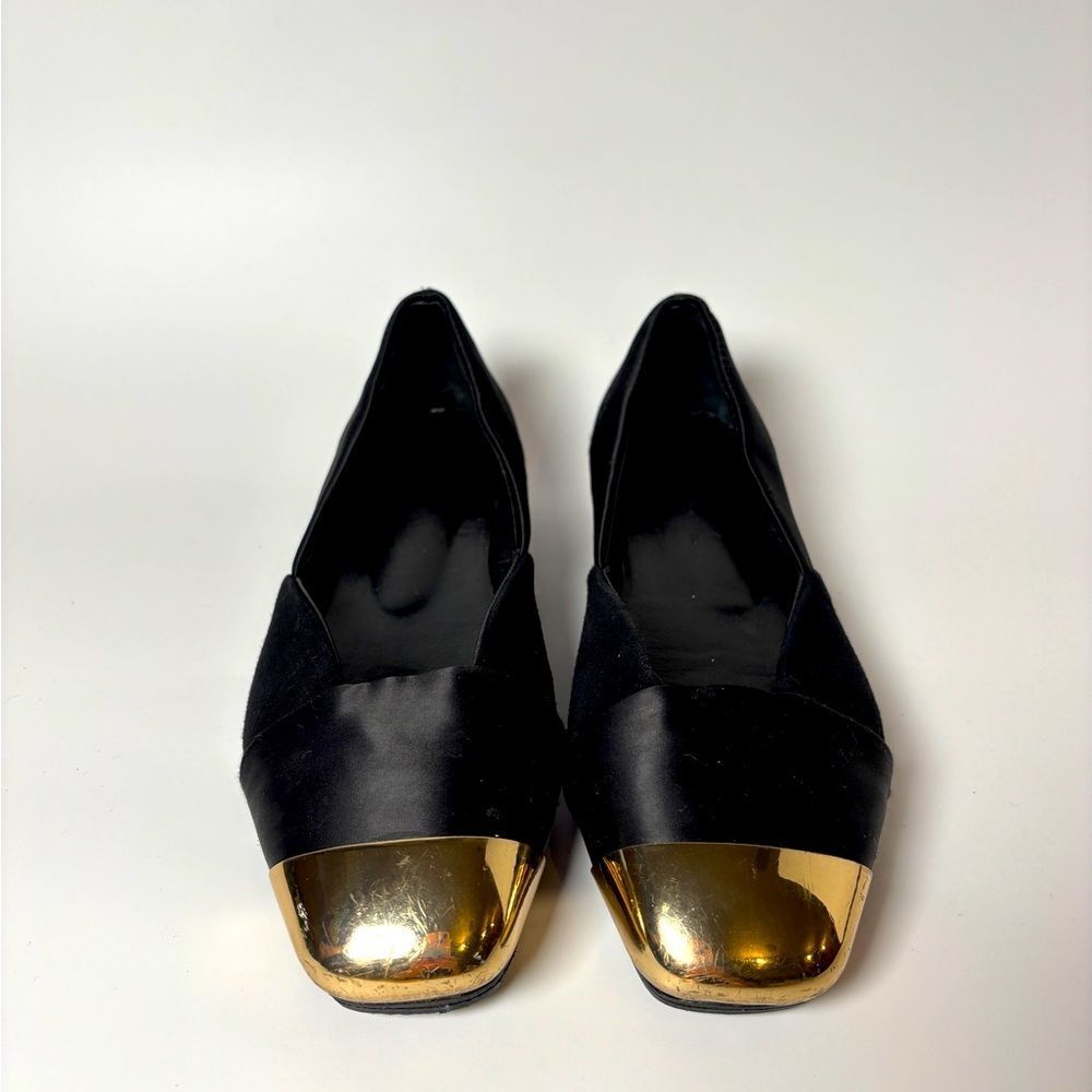 Vintage Hermès Black Satin Flats – Gold Cap Toe, French Luxury size 36